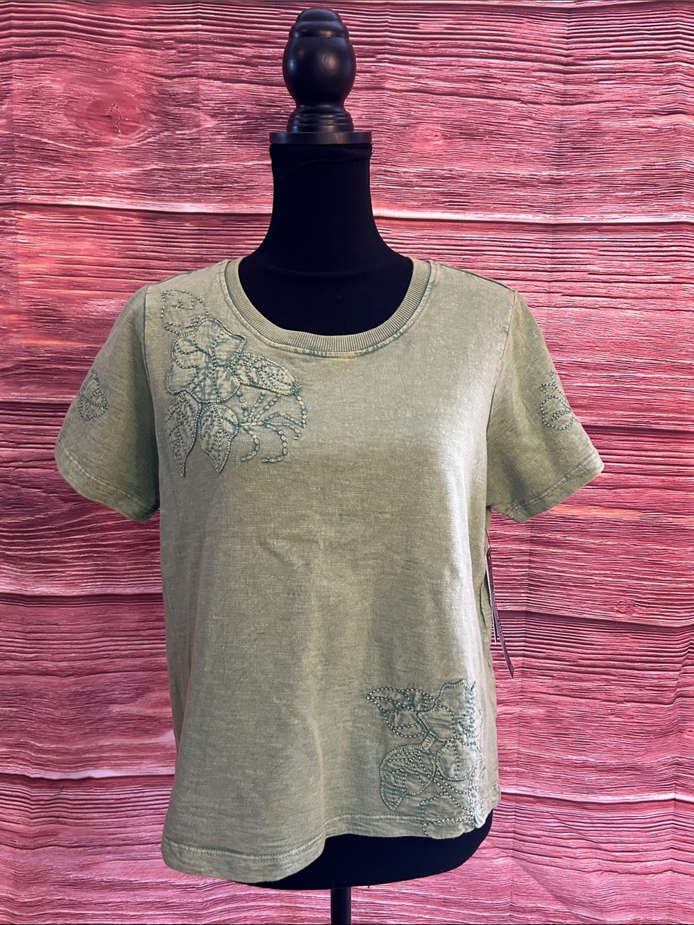 Olive Green Embroidered Short-Sleeve Women's Top | Size Medium